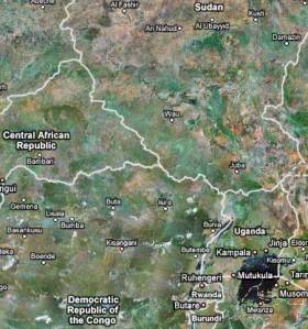 Uganda, from google maps, showing the border with Sudan and the DRC