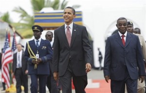 President Barack Obama walks with Ghana President John Atta Mills, right, at the Presidential Palace in Accra, Ghana, Saturday, July 11, 2009. In his first visit to sub-Saharan Africa since taking office.